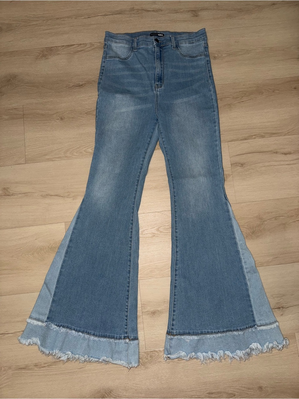 Fashion Nova Light Blue Two-Tone Flare Bell Bottom Jeans with Frayed Hem